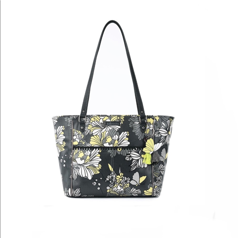 LARGE SAKROOTS SLATE GRAY & YELLOW FLOWER BLOSSOM METRO TOTE BAG NEAR NEW